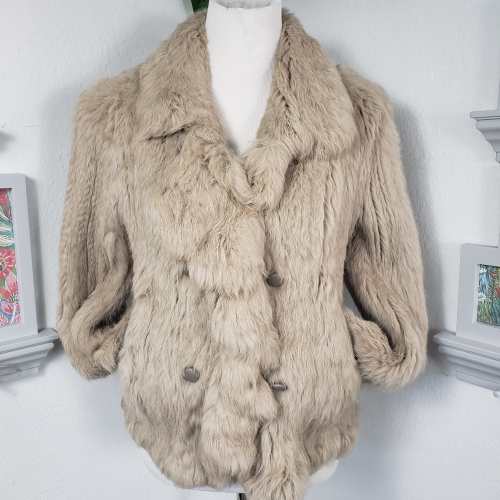 Rabbit Fur w/ Leather trim - Sweater Coat - Pockets Glamoratti Bougie Vintage S